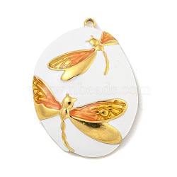 Ion Plating(IP) 304 Stainless Steel Pendants, with Enamel, Real 18K Gold Plated, Oval with Dragonfly Charm, Orange, 33x25x6mm, Hole: 2mm(STAS-U007-01D-G)