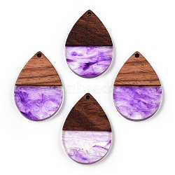 Transparent Resin & Walnut Wood Pendants, Teardrop Charms, Medium Orchid, 36x24.5x3.5mm, Hole: 2mm(RESI-N039-25C)