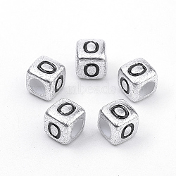 Plated Acrylic Beads, Horizontal Hole, Cube with Letter, Antique Silver, Letter.O, 6mm, Hole: 3mm, about 3000pcs/500g(PB43C9308-O)
