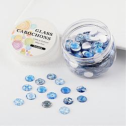 Glass Cabochons, Blue and White Floral Printed, Half Round/Dome, Mixed Color, 12x4mm, about 180~190pcs/box(GGLA-JP0002-07)