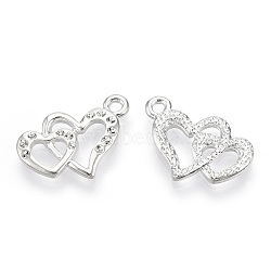 Alloy Pendant Rhinestone Settings, Cadmium Free & Lead Free, Double Heart, Platinum, Fit for 1.2mm Rhinestone, 14.5x22x2.5mm, Hole: 1.8mm(PALLOY-T075-232)