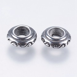 304 Stainless Steel European Beads, Large Hole Beads, Rondelle with Floral Pattern, Antique Silver, 9x3.5mm, Hole: 4mm(STAS-I069-12AS)