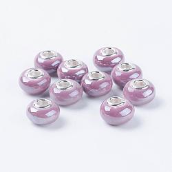Handmade Porcelain Ceramic Spacer European Beads Fit Charm Bracelets, with Silver Color Brass Double Cores, Rondelle, Purple, 15x11mm, Hole: 5mm(X-OPDL-G001-6)