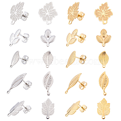 20Pcs 10 Style 304 Stainless Steel Stud Earring Findings, with Loop and Ear Nuts/Earring Backs, Leaf, Mixed Color, 13.5~18x8~14.5mm, Hole: 1~1.8mm, Pin: 0.7mm, 2pcs/style(STAS-DC0001-38)