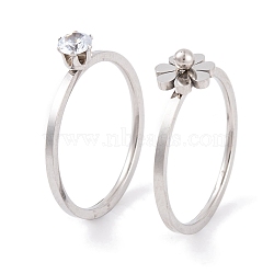 Flower 304 Stainless Steel Finger Ring Set for Women, Solitaire Ring with Cubic Zirconia, Stainless Steel Color, US Size 6~9(16.5~18.9mm), 2pcs/set(RJEW-C086-28-P)