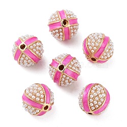 Alloy Enamel Beads, with ABS Imitation Pearl, Golden. Round, Deep Pink, 13.5x13.5mm, Hole: 2mm(FIND-E046-11G-02)