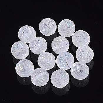 Transparent Acrylic Corrugated Beads, AB Color Plated, Frosted, Round, WhiteSmoke, 9.5mm, Hole: 1.5mm, about 1000pcs/500g