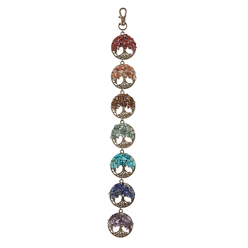 Tree of Life Alloy Pendant Decorations, with Chakra Natural Green Aventurine & Red Jasper & Tiger Eye & Amethyst & Carnelian & Lapis Lazuli & Synthetic Turquoise Chips, 310mm