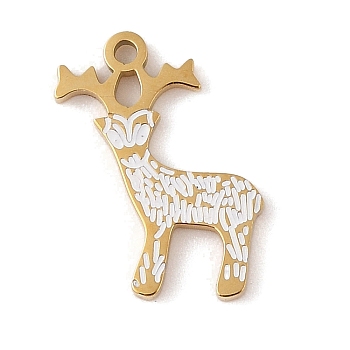 Christmas Theme Ion Plating(IP) 304 Stainless Steel Enamel Pendants, Golden, Deer Charm, White, 15.5x12.5x1mm, Hole: 1.2mm