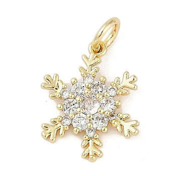 Rack Plating Brass Micro Pave Cubic Zirconia Pendants, Lead Free & Cadmium Free, Long-Lasting Plated, Snowflake Charms, with Jump Ring, Real 18K Gold Plated, 15.5x12.5x2.5mm