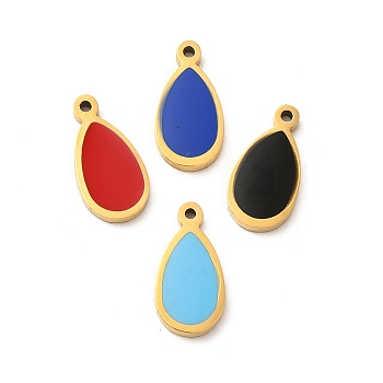 304 Stainless Steel Enamel Charms, Teardrop Charm, Golden, Mixed Color, 13x6.5x1.4mm, Hole: 1mm