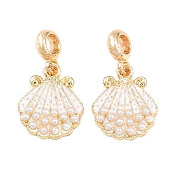 Alloy Enamel European Dangle Charms, Shell Shape Large Hole Pendants with ABS Imitation Pearl Beads, Rack Plating, Long-Lasting Plated, Golden, White, 30.5mm, Hole: 4.5mm