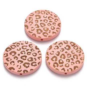Painted Natural Wood Beads, Laser Engraved Pattern, Flat Round with Leopard Print, Pink, 30x5mm, Hole: 1.6mm
