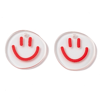 Transparent Printed Acrylic Pendants, Flat Round with Smiling Face Charm, Red, 20.5~21x20~21x2mm, Hole: 1.6mm