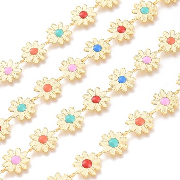 3.28 Feet Brass Enamel Flower Link Chains, Long-Lasting Plated, Unwelded, Colorful, Real 18K Gold Plated, Flower: 13.5x10x2.5mm