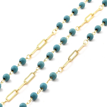 Handmade Brass Link Chains, with Round Beads, Long-Lasting Plated, Soldered, with Spool, Beads with Synthetic Turquoise, Golden, 9x3x0.5mm