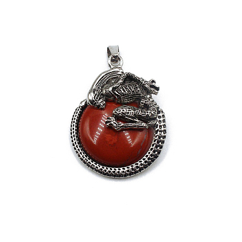 Natural Red Jasper Pendants, Flat Round Charms with Skeleton, with Antique Silver Plated Metal Findings, 40x35mm