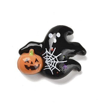 Hallowmas Opaque Resin Decoden Cabochons, Ghost with Pumpkin, Black, 21x26x8mm