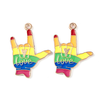 Rainbow Color Pride Alloy Enamel Pendants, Palm with Word Love Charm, Light Gold, Colorful, 28.7x19.6x1.5mm, Hole: 2mm