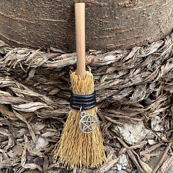 Halloween Theme Mini Witch Broom Party Decoration, with Alloy Charms, Decorative Props for Garden, Home, Star, 110mm