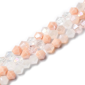 Electroplate Glass Beads Strands, Opaque & Transparent & AB Color Plated, Faceted, Bicone, Pink, 4x4.5mm, Hole: 0.9mm, about 94~95pcs/strand, 13.86''(35.2cm)