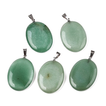 Natural Green Aventurine Pendants, Flat Oval Charms with Metal Snap on Bails, Platinum, 34~34.5x22x5~5.5mm, Hole: 2.5x5.5mm