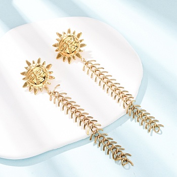 304 Stainless Steel Stud Earrings for Women, Sun, Real 18K Gold Plated, 110x26mm