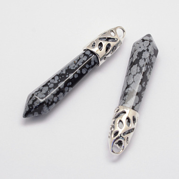 Natural Snowflake Obsidian Big Pointed Pendants, with Alloy Findings, Bullet, Platinum, 57~63x13x10mm, Hole: 3x4mm