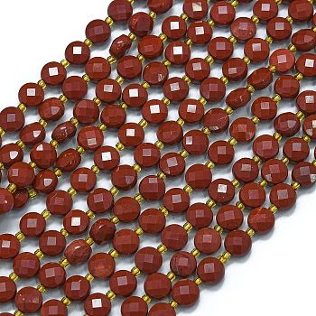 Natural Red Jasper Beads Strands, with Seed Beads, Faceted, Flat Round, 6~6.5x4mm, Hole: 1mm, about 50pcs/strand, 15.35''(39cm)