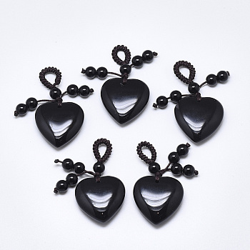 Natural Black Agate Pendants, with Braided Nylon Cord, Heart, 45~50mm, Hole: 5~7mm