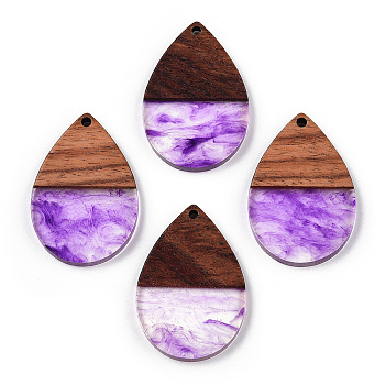 Transparent Resin & Walnut Wood Pendants, Teardrop Charms, Medium Orchid, 36x24.5x3.5mm, Hole: 2mm