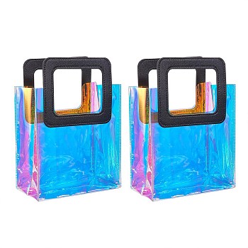 PVC Laser Transparent Bag, Tote Bag, with PU Leather Handles, for Gift or Present Packaging, Rectangle, Black, 10x7-1/8 inch(25.5x18cm), 2pcs/set