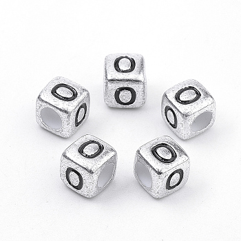 Plated Acrylic Beads, Horizontal Hole, Cube with Letter, Antique Silver, Letter.O, 6mm, Hole: 3mm, about 3000pcs/500g