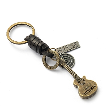 Punk Style Woven Cow Leather Alloy Pendant Keychain, for Car Key Pendant, Musical Instruments Pattern, 12cm, pendant: 5.5cm