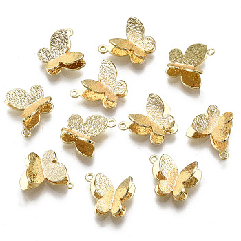 Brass Charms, Nickel Free, Butterfly, Textured, Real 18K Gold Plated, 8.5x10.5x4~4.5mm, Hole: 0.9mm