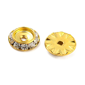 Brass Crystal Rhinestone Beads, Flat Round, Golden, 13x3~3.5mm, Hole: 1.6~2mm