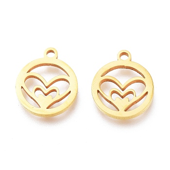 Valentine's Day Ion Plating(IP) 201 Stainless Steel Charms, Laser Cut, Ring with Heart to Heart, Golden, 12x10x1mm, Hole: 1.2mm