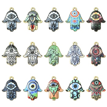 15Pcs 15 Colors Printed Alloy Pendants, Hamsa Hand Charms, Mixed Color, 23x18x2mm, Hole: 1.4mm, 1pc/color 
