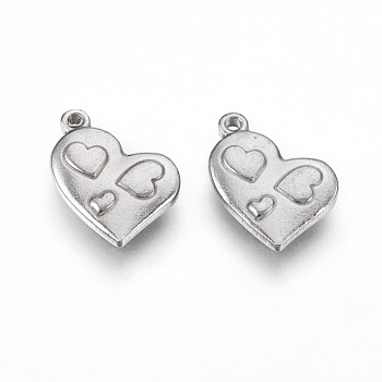 201 Stainless Steel Textured Pendants, Heart with Heart, Stainless Steel Color, 17.5x12x3mm, Hole: 1.5mm