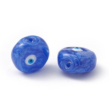 Glass Beads, with Enamel, Flat Round with Evil Eye Pattern, Blue, 14~14.5x9mm, Hole: 1.2mm