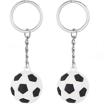 2Pcs Plastic Keychains, with Iron Findings, Platinum, Sports Theme, Football, 7.5cm, Pendant: 32mm