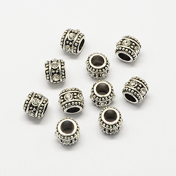Alloy Rhinestone Rondelle Large Hole European Beads, Antique Silver, Crystal, 10x8.5mm, Hole: 5mm