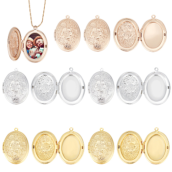 Elite 12Pcs 3 Colors Brass Locket Pendants, Photo Frame Charms, Oval with Flower Charm, Mixed Color, 33.5x24x7mm, Hole: 1.6mm, Inner Diameter: 23x16mm, 4pcs/color