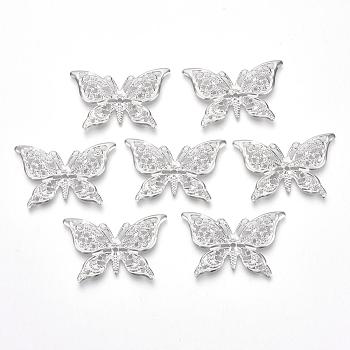 Iron Pendants, Etched Metal Embellishments, Butterfly, Platinum, 26x39x1mm, Hole: 1mm