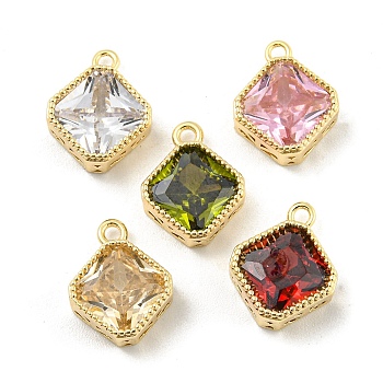 Glass Pendants, with Brass Findings, Rhombus Charms, Real 18K Gold Plated, 12x10x4mm, Hole: 1.4mm