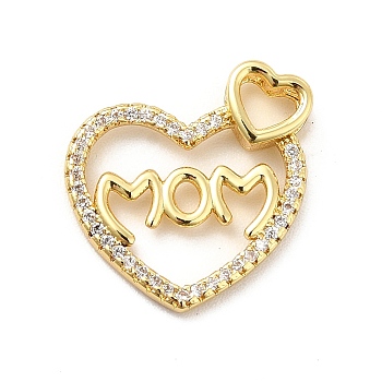 Rack Plating Brass Micro Pave Cubic Zirconia Pendants, Heart with Word MOM Charm for Mother's Day, Long-Lasting Plated, Cadmium Free & Lead Free, Real 18K Gold Plated, 16x15x3mm, Hole: 3x3.5mm