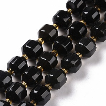 Natural Obsidian Beads Strands, with Seed Beads, Faceted Bicone Barrel Drum, 9~10mm, Hole: 1.2mm, about 29~32pcs/strand, 14.45~14.84 inch(36.7~37.7cm)