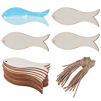 Animal Theme Unfinished Blank Wooden Pendants Set for Painting Arts, Pyrography, Home Decor, with Jute Cord, Fish, 10.1x3.5x0.2cm, Hole: 4mm, 20pcs