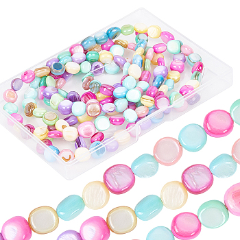 4 Strands Natural Freshwater Shell Beads Strands, Dyed, Flat Round, Mixed Color, 7~8.5x7~7.5x3~5.5mm, Hole: 0.5mm, about 49~50pcs/strand, 14.96''~15.04''(38~38.2cm)