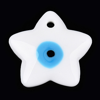 Handmade Lampwork Pendants, Star with Evil Eye, White, 38x38x5.5mm, Hole: 3.5mm